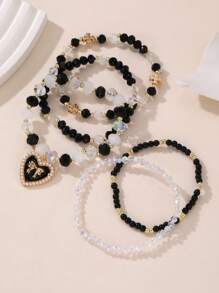5 Pieces Girls Crystal Beaded Bracelet Set With Bow And Heart Designs - Multicolor - View 10