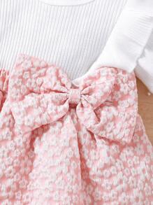 2pcs Set Baby Girl Casual Daily Simple Ditsy Floral Pattern Dress & Headscarf - Pink - View 3
