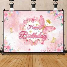 Pink Butterfly & Floral Crown Design Photo Backdrop Banner, Polyester Fairy Tale Themed Birthday Party Decorations, Suitable For Cake Table, Studio Background - 1pc - View 4