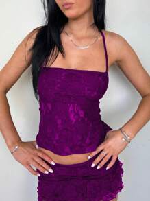 Women Lace Outfit Tie-Up Back Sleeveless Crop Tops Low Rise Mini Skirt 2 Piece Set For Party Club