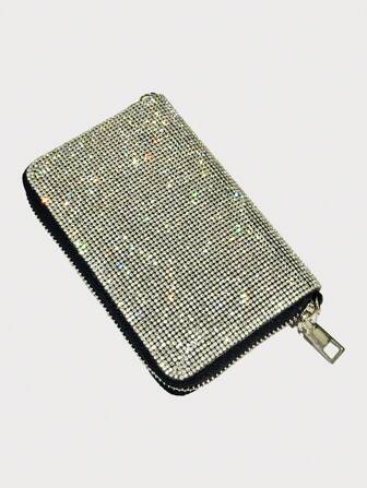 Cartera de joyería con rhinestones de alta calidad, tamaño mediano, con múltiples ranuras para tarjetas, bolsa con cremallera, portaetiquetas y portabilletes, bolso brillante como regalo de mujer para fiestas, cumpleaños, San Valentín, cartera mini, monedero, billetera, tarjetero