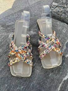 Sandálias Rasteiras Femininas, Boho Tricotadas de Dedo Aberto, Chinelos de Praia de Verão