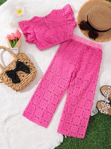 2 件套女童蕾丝无袖上衣和阔腿裤套装，休闲度假风格，夏季 - 紫色 - 查看 2