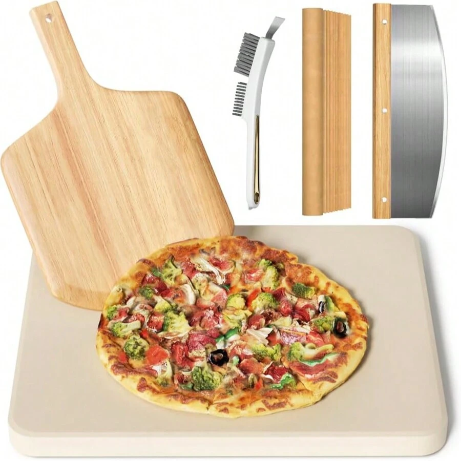 Gyreuni 4 PCS Rectangle Pizza Stone Set, 15" Large Pizza Stone For Oven And Grill With Pizza Peel(OAK), Pizza Cutter & 10pcs Cooking Paper For Free, Baking Stone For Pizza, Bread,BBQ - White - View 1