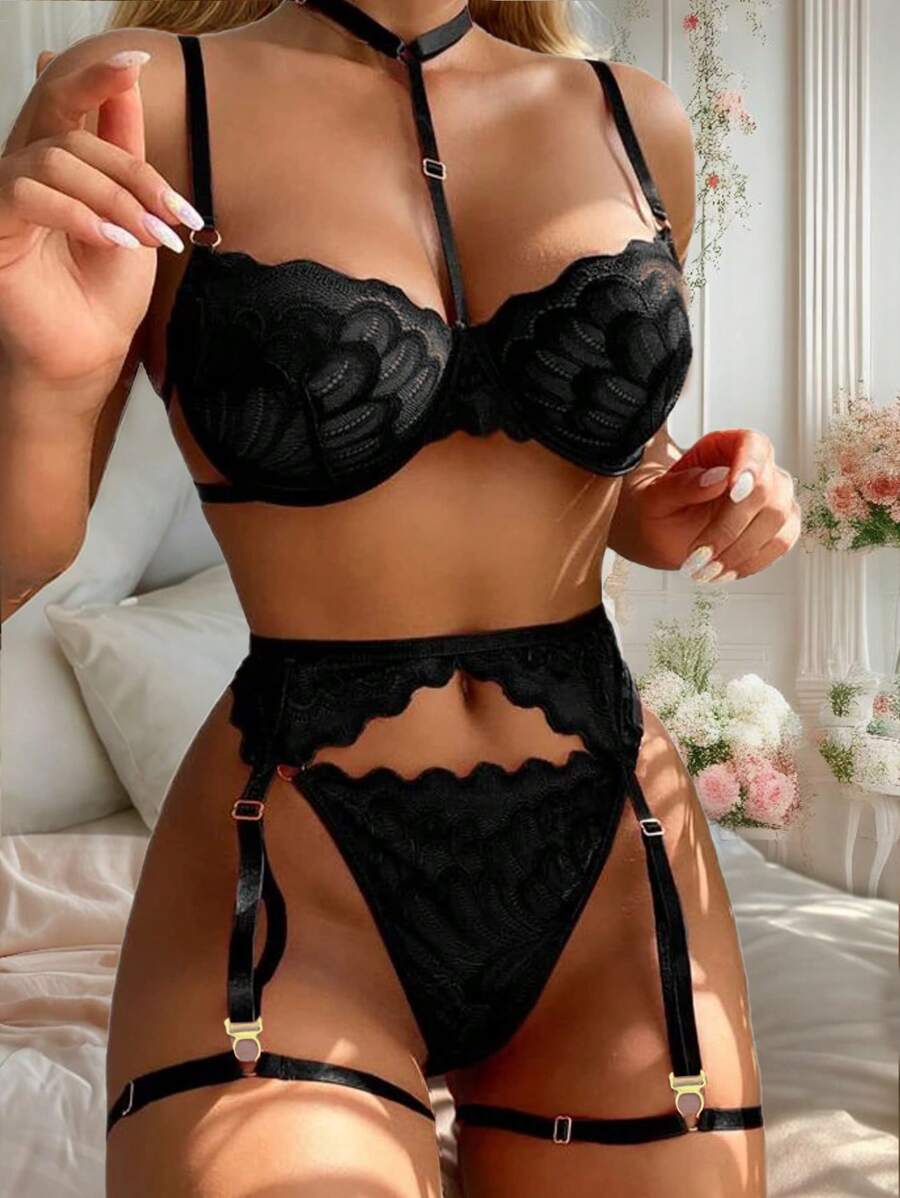 Bộ đồ lót gợi cảm cho nữ, áo ngực và quần lót ren nâng ngực kèm vòng cổ khi đi chơi