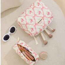 1 件可爱蝴蝶结绗缝化妆包，时尚便携女士拉链化妆包，多功能旅行化妆品收纳包，大容量、可爱设计化妆包，适合旅行、日常使用、居家、美容收纳