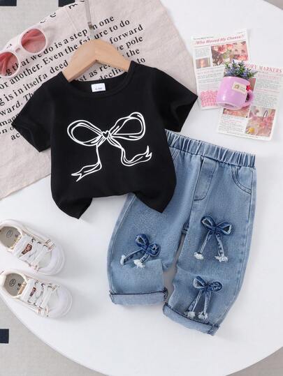 Baby Girl Butterfly Print Black Short Sleeve T-Shirt And Multi 3D Butterfly Decor Denim Long Pants 2 Pieces Set