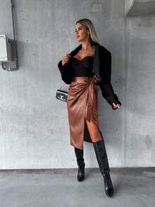 High Waist Slit Lace-Up Sexy Bodycon Punk Style Leather Skirt - Light Brown - View 3