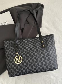 欧美跨境个性大容量字母简约印花托特包新款女士菱格通勤单肩包 - 黑色 - 查看 7