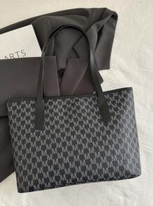 欧美跨境个性大容量字母简约印花托特包新款女士菱格通勤单肩包 - 黑色 - 查看 10