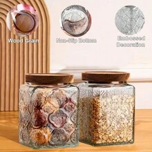 3 Piece Nordic Style Vintage Glass Storage Jar Set, Begonia-Pattern And Sunflower, Versatile Square Clamshell, Reusable, Safe To Transport, Suitable For Kitchen And Home Snacks And Grain Tea, Coffee Beans, Sugar, Confectionery, Biscuits, Spices - Trong sáng - Xem 3
