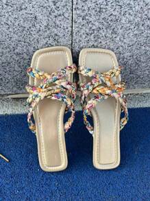 Sandálias Rasteiras Femininas, Boho Tricotadas de Dedo Aberto, Chinelos de Praia de Verão