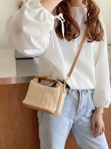 Small Straw Fabric Crossbody Bag - Màu Khaki - Xem 7