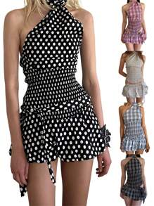 Women Bubble Skirt, Low Waist Plaid/Dots Print Summer Mini Skirt Clubwear With Belt - 黑色 - 查看 3