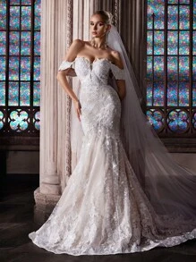 Elasola 仙气优雅露肩蕾丝拼接迎宾花朵刺绣婚纱，婚纱，新娘，情人节 - 白色 - 查看 4