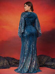 XUIBOL Plus Size Elastic Ombre Sequin Fitted Maxi Dress, Round Neck Long Sleeve Split Sleeve Elegant Formal Gown, Suitable For Mother Of The Bride, Cocktail Party, Formal Occasions, Wedding Guest Dress, Evening Dress - 水鴨藍 - 查看 4