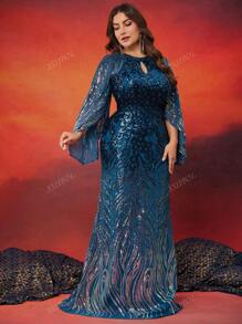 XUIBOL Vestido largo elástico con degradado y lentejuelas en talla grande, vestido formal elegante con cuello redondo, manga larga y manga dividida, adecuado para madre de la novia, fiesta de cóctel, ocasiones formales, invitada de boda, vestido de noche
