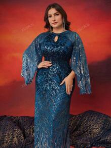 XUIBOL Vestido largo elástico con degradado y lentejuelas en talla grande, vestido formal elegante con cuello redondo, manga larga y manga dividida, adecuado para madre de la novia, fiesta de cóctel, ocasiones formales, invitada de boda, vestido de noche
