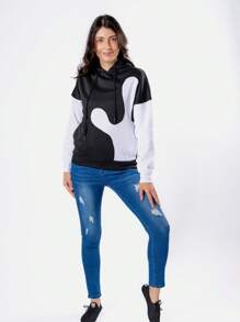 Sudadera con capucha y cordón de manga larga informal para mujer Sudadera con color en contraste - Negro - Ver 1