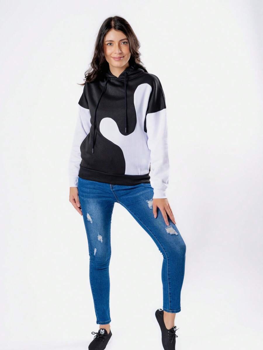 Sudadera con capucha y cordón de manga larga informal para mujer Sudadera con color en contraste - Negro - Ver 1