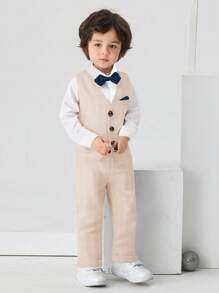 BOARNSEORL Conjunto de traje de caballero para niños pequeños de 3 piezas: camisa de manga larga blanca con moño, chaleco y pantalones a cuadros, elegante y adecuado para fiestas de cumpleaños, fiestas de noche, bodas, bautizos, primeras celebraciones de cumpleaños