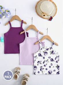 3pcs Girls Floral Print & Solid Ribbed Camisole Top Set, Comfortable