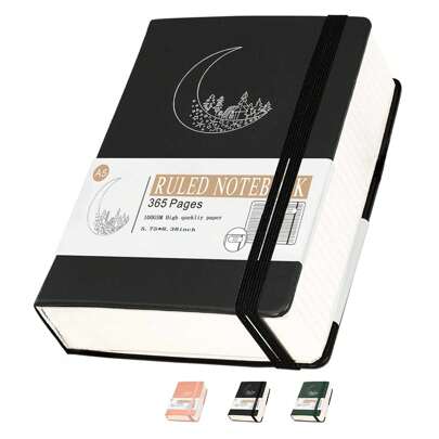 1本360頁厚日記寫作筆記本,硬皮革封面雜誌,適用於女性、男性、日常工作筆記本,對於自然愛好者而言是必備品（黑色）