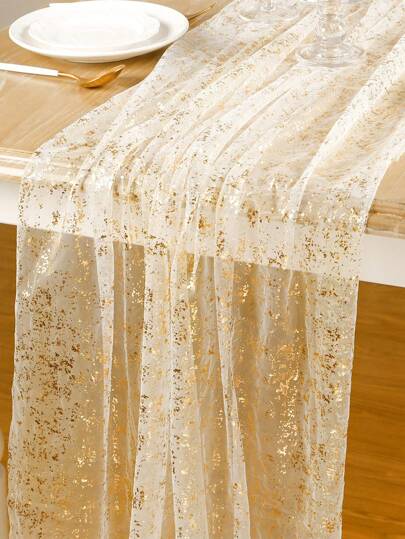1pc Gold Glitter Sheer Table Runner,Broken Gold Gauze,Polyester Rectangular Sparkling Tablecloth Table Runner,Birthday Wedding Party Decoration,Babe Shower Party Supplies Decoration,Home Decor,Party Decor,Birthday Party Supplies,Table Decoration
