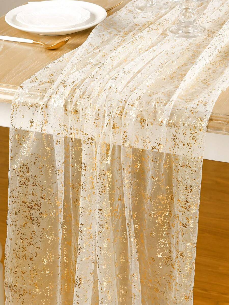 1 Stück goldener glitzernder transparenter Tischläufer, zerbrochener goldener Gaze, rechteckiger funkelnder Polyester-Tischdecken-Tischläufer, Geburtstag Hochzeitsfeier Dekoration, Baby-Shower-Party Zubehör Dekoration, Heimdekoration, Partydekor, Geburtstagssupplies, Tischdekoration - Gold - Übersicht 1