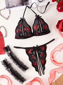 全新黑色柔软红唇蕾丝性感内衣露胸蝴蝶结胸罩裆丁字裤吊袜带女士情趣内衣套装