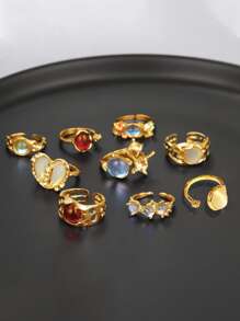 9Pcs Y2K Crystal Rings Kpop Heart Adjustable Ring Asymmetric Geometry Punk Vintage Rings Set For Women Girls New Fashion Jewelry