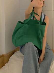 Classic Canvas Tote Bag, Large Capacity Fashionable Handbag, Multi-Functional Ins-Style Shopping Bag, Elegant And Stylish, Ideal For Christmas, Back To School, Backpack, Handbag, Canvas Bag, Back To School Essential. Lightweight, Portable, Foldable, Classic Casual, Suitable For Teenagers, Women, College Students, Perfect For Back To School, First Day Of School, Beach Trip. - Green - View 7