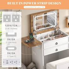 Farmhouse Makeup Vanity Table With Sliding Stool – Fold-Up Mirror, Divided Storage, Power Outlet, And Adjustable LED Light, Ideal For Small Spaces - View 8
