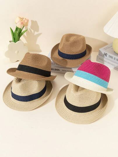 1pc Unisex Kids Colorful Patchwork Panama Straw Sunhat, Bohemian Style Simple Fashion, Suitable For Outdoor, Beach Vacation, Family Matching, Summer Holiday, Party Gift