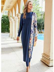 Women's 3-Piece Printed Splicing Modest Burkini Set, Including Top, Bottoms And Covering, Suitable For Swimming Pool, Beach, Surfing And Sun Protection