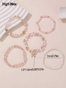 5 Pieces Girls Crystal Beaded Bracelet Set With Bow And Heart Designs - Multicolor - View 4