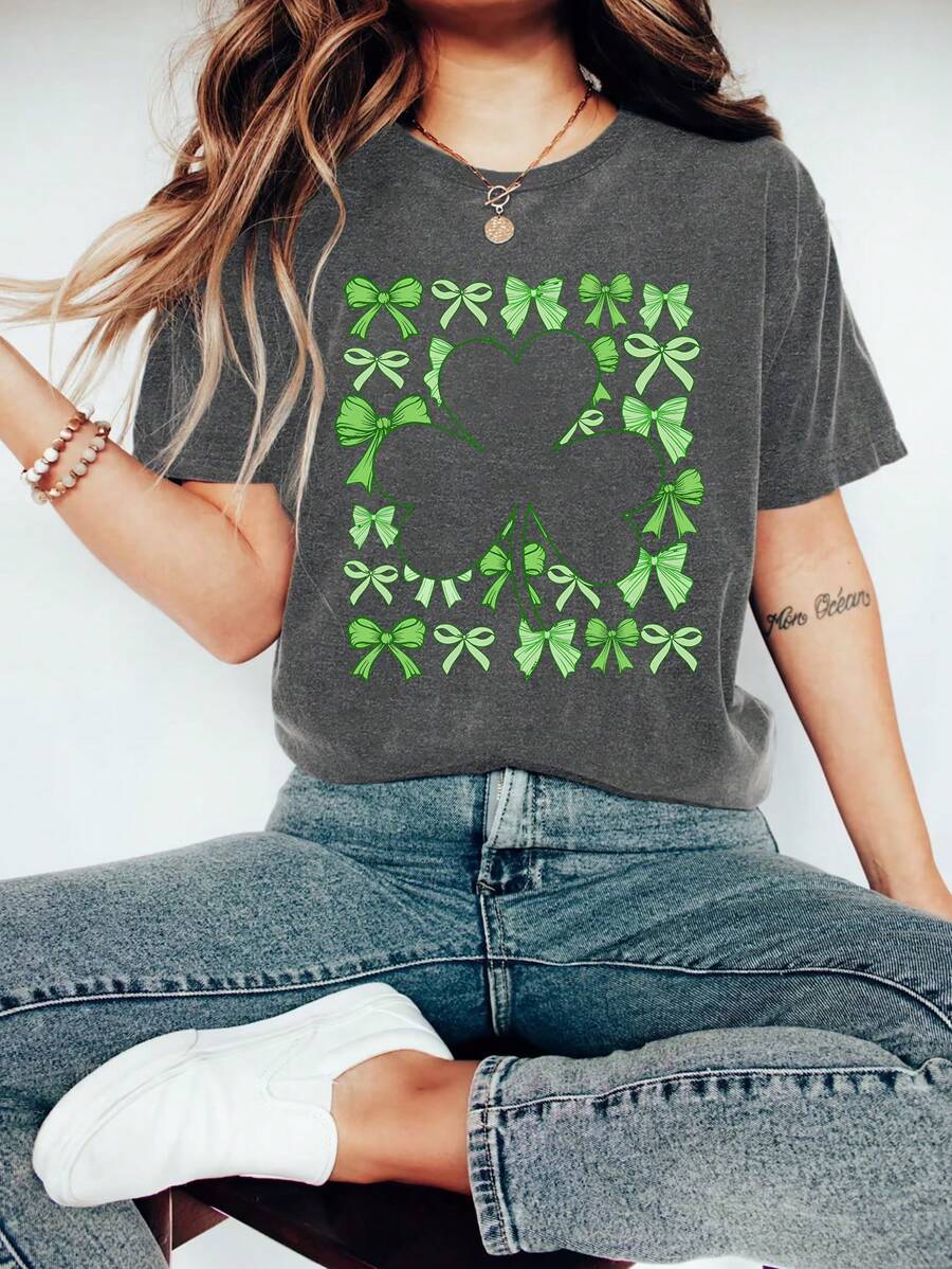 St Patrick Cartoon Letter Graphic Print T Shirt, Short Sleeve Crew Neck Casual Top For Summer & Spring, Women's T-Shirt - Dark Grey - View 1