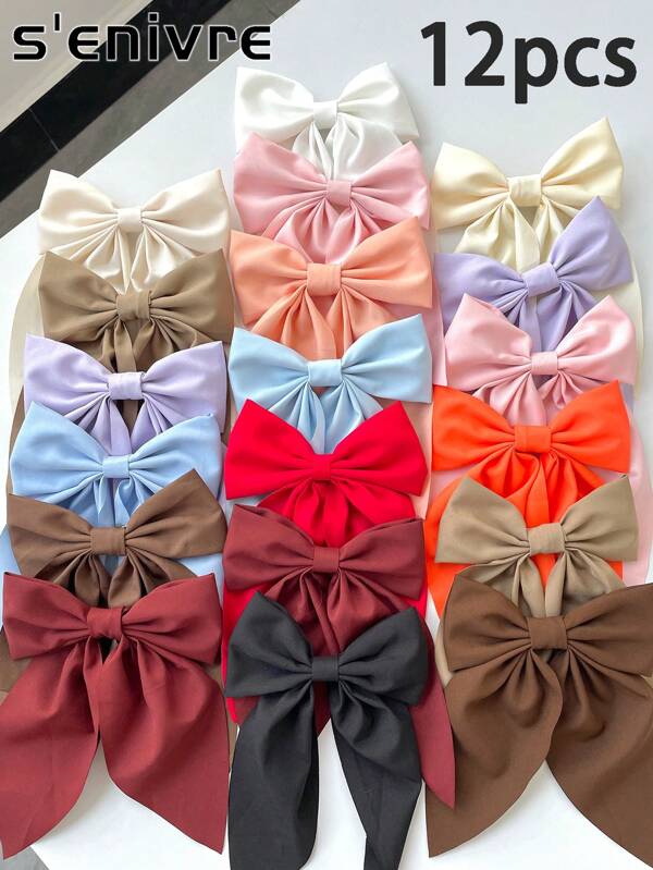 12Pcs Random Color Elegant Bohemian Style Silky Satin Hair Bows Clips, Large Bowknot Ribbon Hair Barrettes, Metal Clips, Long Tail Hair Slides, French Barrette Hairpins For Women And Girls, Solid Color, Any Place Hair Accessories Claw Clips, School Stuff
