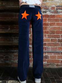 Women Loose Pants Star Patch Drawstring Elastic Waist Trousers Spring Fall Casual Sweatpants Bottoms - 藏蓝色 - 查看 2