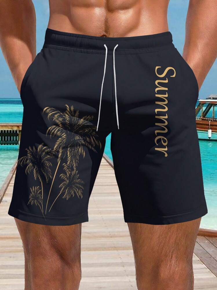男士夏威夷花卉 3D 印花休闲沙滩短裤 - 速干，抽绳腰带，适合夏季户外活动，夏威夷风 - 彩色 - 查看 3