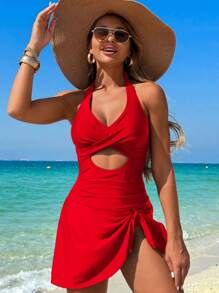 Women Swimdress Swimsuits Solid Color/Floral Print Halter Neck Beachwear Cutout Front Swimwear - Red - View 2