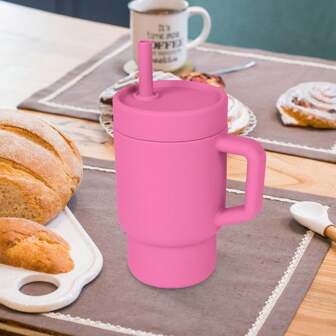 Vaso aislado al vacío de silicona con tapa y pajita, para té frío o café. Taza para beber de verano para viajes y aprendizaje de niños