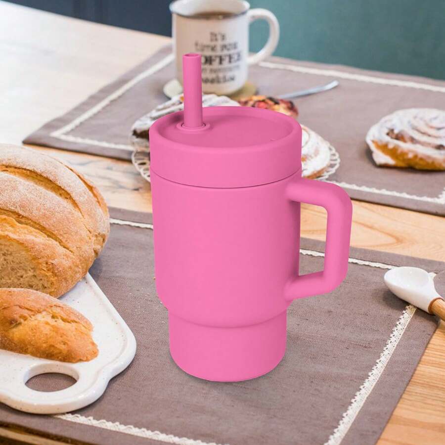 Vaso aislado al vacío de silicona con tapa y pajita, para té frío o café. Taza para beber de verano para viajes y aprendizaje de niños