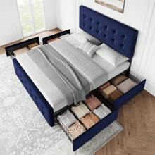 CuisinSmart Queen Size Bed Frame With Headboard,Linen Upholstered Platform Bed Frame With 4 Storage Drawers,Button Tufted Style,No Box Spring Needed - 藍色 - 查看 7