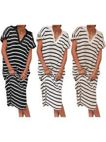 Women's Knit Midi Dress Short Sleeve Lapel Collar Striped Print Long Dress Going Out Dress