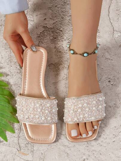 Fashionable Women's High-End Rhinestone Decorated Flat Sandals, Comfortable Slip-On Design, Outdoor Shoes For Daily Wear, Versatile Ladies Fashionable Colors