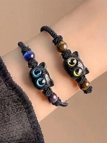 2 件手工编织手链，带小黑猫饰物，时尚配饰，送给情侣和最好的朋友的礼物 - 黑色 - 查看 2