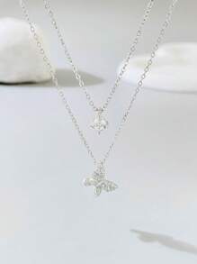 Esberry 1 pièce Collier papillon double couche en argent sterling 925 avec cubic zirconia cubique pour femmes. Accessoire de bijouterie élégant et unique pour une utilisation quotidienne.