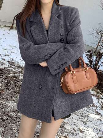 [Y6Y] Vintage Herringbone Double-Breasted Wool Blend Blazer, Loose Casual Jacket With High-End Vibe, Suitable For Autumn/Winter