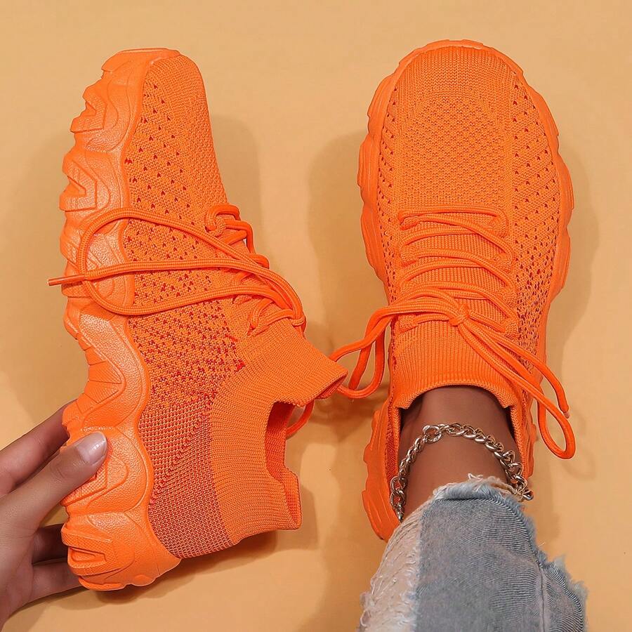 Women's Simple Plain Lace-Up Low Top Sock Sneakers, Summer 2024 Casual Comfortable Breathable Lightweight Sports Running Shoes - 橘色 - 查看 1